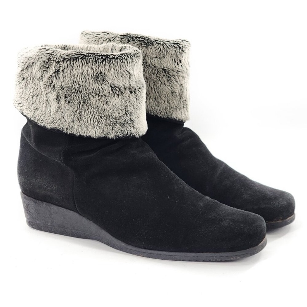 LA CANADIENNE Waterproof Suede Ankle Bootie Square Toe Low Wedge Black